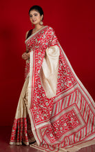 Premium Quality Hand Embroidery Katha Work on Pure Gachi Tussar Saree in Natural Beige, Black and Red