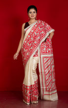 Premium Quality Hand Embroidery Katha Work on Pure Gachi Tussar Saree in Natural Beige, Black and Red