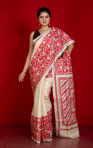 Premium Quality Hand Embroidery Katha Work on Pure Gachi Tussar Saree in Natural Beige, Black and Red