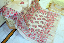 Premium Quality Equal Size Broad Border Gujarati Hand Embroidery Work on Pure Gachi Tussar Saree in Beige, Red, Maroon and Black Thread Work