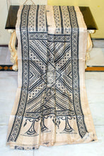 Premium Quality Hand Embroidery Mahapar Border Hand Kantha Work on Pure Gachi Tussar Saree in Beige and Black Thread Work