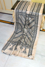 Premium Quality Hand Embroidery Mahapar Border Hand Kantha Work on Pure Gachi Tussar Saree in Beige and Black Thread Work