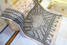 Premium Quality Hand Embroidery Mahapar Border Hand Kantha Work on Pure Gachi Tussar Saree in Beige and Black Thread Work