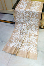 3ply Premium Quality Hand Embroidery Kantha Work on Pure Gachi Tussar Saree in Parmesan Beige and Off White Thread Work
