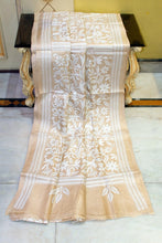3ply Premium Quality Hand Embroidery Kantha Work on Pure Gachi Tussar Saree in Warm Beige and Off White Thread Work
