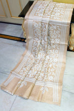 3ply Premium Quality Hand Embroidery Kantha Work on Pure Gachi Tussar Saree in Warm Beige and Off White Thread Work