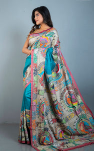 Tie-Dye Gachi Tussar Silk Hand Embroidery Kantha Stitch Saree in Columbia Blue, Beige and Multicolored Thread Work