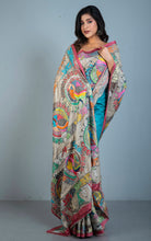 Tie-Dye Gachi Tussar Silk Hand Embroidery Kantha Stitch Saree in Columbia Blue, Beige and Multicolored Thread Work