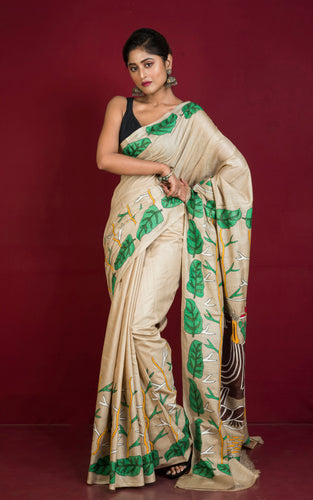 Premium Quality Hand Embroidery Kantha Work on Pure Gachi Tussar Saree in Beige and Multicolored Thread Work