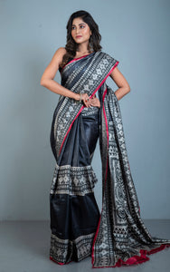 Premium Quality Hand Embroidery Kantha Work on Pure Gachi Tussar Saree in Black, Light Tan and Red