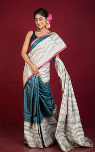 Tie-Dye Gachi Tussar Silk Hand Embroidery Kantha Stitch Saree in Blue Gray ,Red, Gold Beige and Off white Thread Work