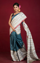 Tie-Dye Gachi Tussar Silk Hand Embroidery Kantha Stitch Saree in Blue Gray ,Red, Gold Beige and Off white Thread Work