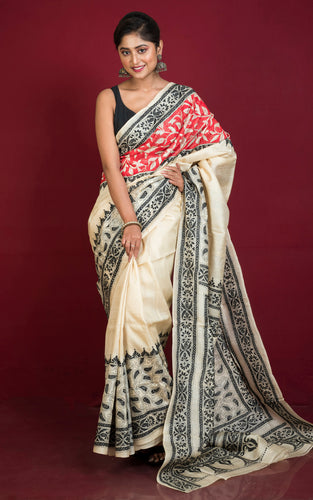 Hand Embroidery Tussar Silk Kantha Work Saree in Beige with Red and Black Thread Nakshi Work
