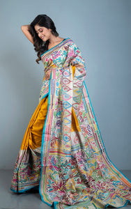 Tie-Dye Gachi Tussar Silk Hand Embroidery Kantha Stitch Saree in Mustard Golden, Beige, Strobe Blue and Multicolored Thread Work