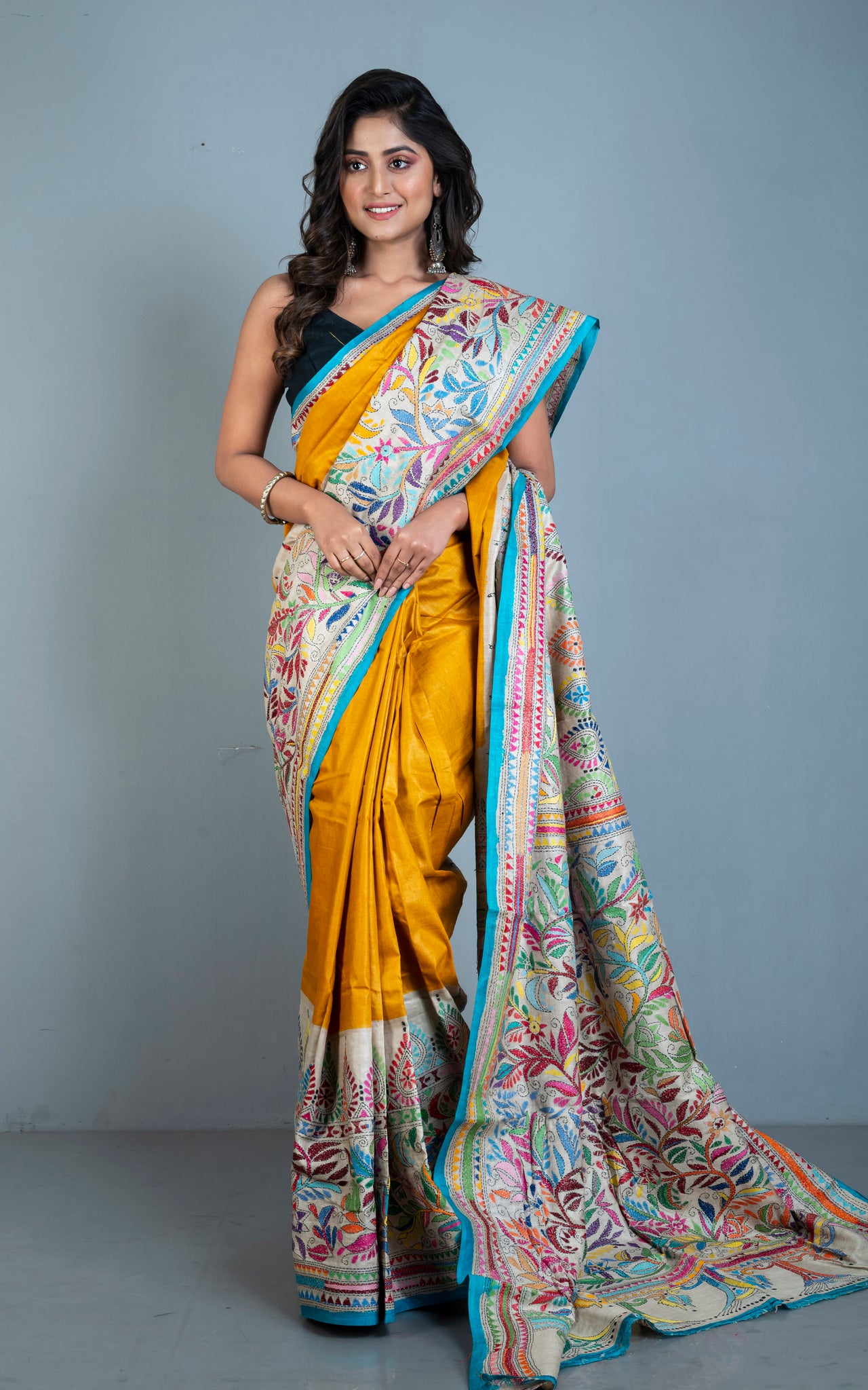 Exclusive Mustard, Blue & Grey Hand Embroidered Kantha Stitch Saree on Pure  Tussar Silk - Etsy