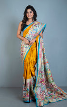 Tie-Dye Gachi Tussar Silk Hand Embroidery Kantha Stitch Saree in Mustard Golden, Beige, Strobe Blue and Multicolored Thread Work