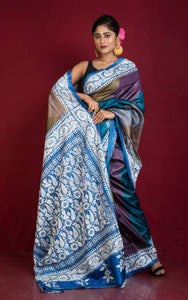 Tie-Dye Gachi Tussar Silk Hand Embroidery Kantha Stitch Saree in Admiral Blue, Off White and Multicolored