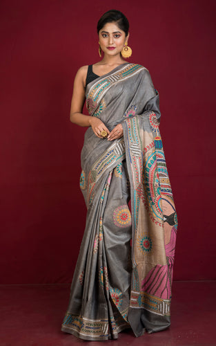 Premium Quality Hand Embroidery Kantha Work on Pure Gachi Tussar Saree in Warm Grey, Beige and Multicolored Thread Work