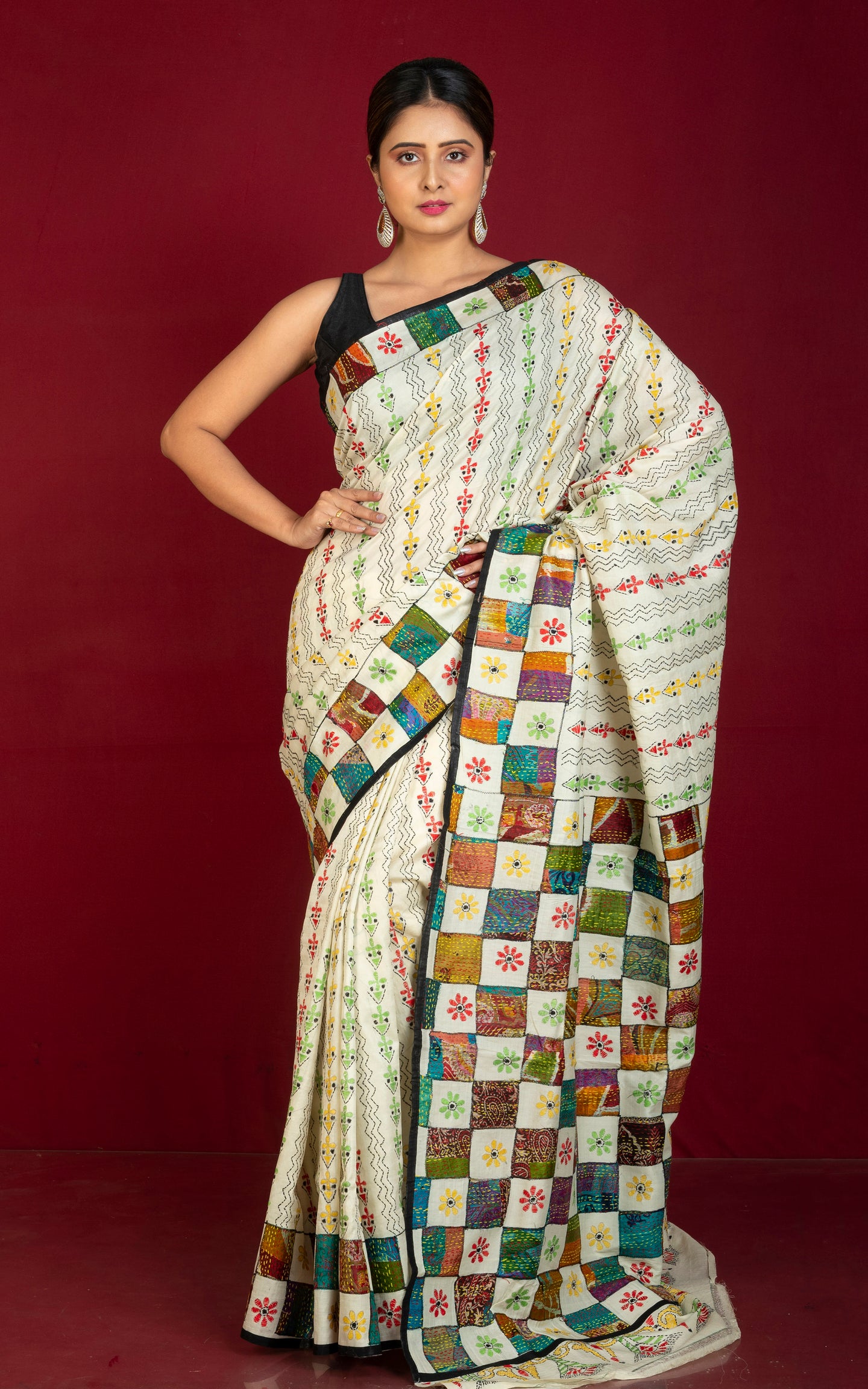 Hand Embroidery Tussar Silk Kantha Work Saree in Off White and Multicolored Thread Work