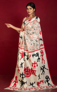 Hand Embroidery Tussar Silk Warli Kantha Work Saree in Off White, Red and Black Thread Work