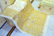 Premium Quality Hand Embroidery Kantha Work on Pure Gachi Tussar Saree in Light Beige, Bright Golden Yellow and Black