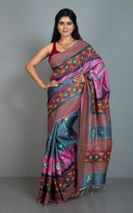 Hand Embroidery Kutch Work with French Knot Tussar Silk Saree in Metallic Grey, Pink and Multicolored