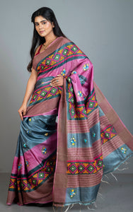 Hand Embroidery Kutch Work with French Knot Tussar Silk Saree in Metallic Grey, Pink and Multicolored