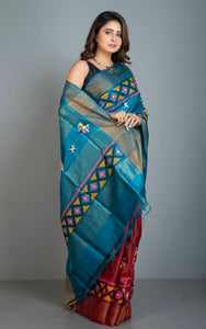 Hand Embroidery Kutch Work with French Knot Tussar Silk Saree in Blue, Dark Red and Multicolored