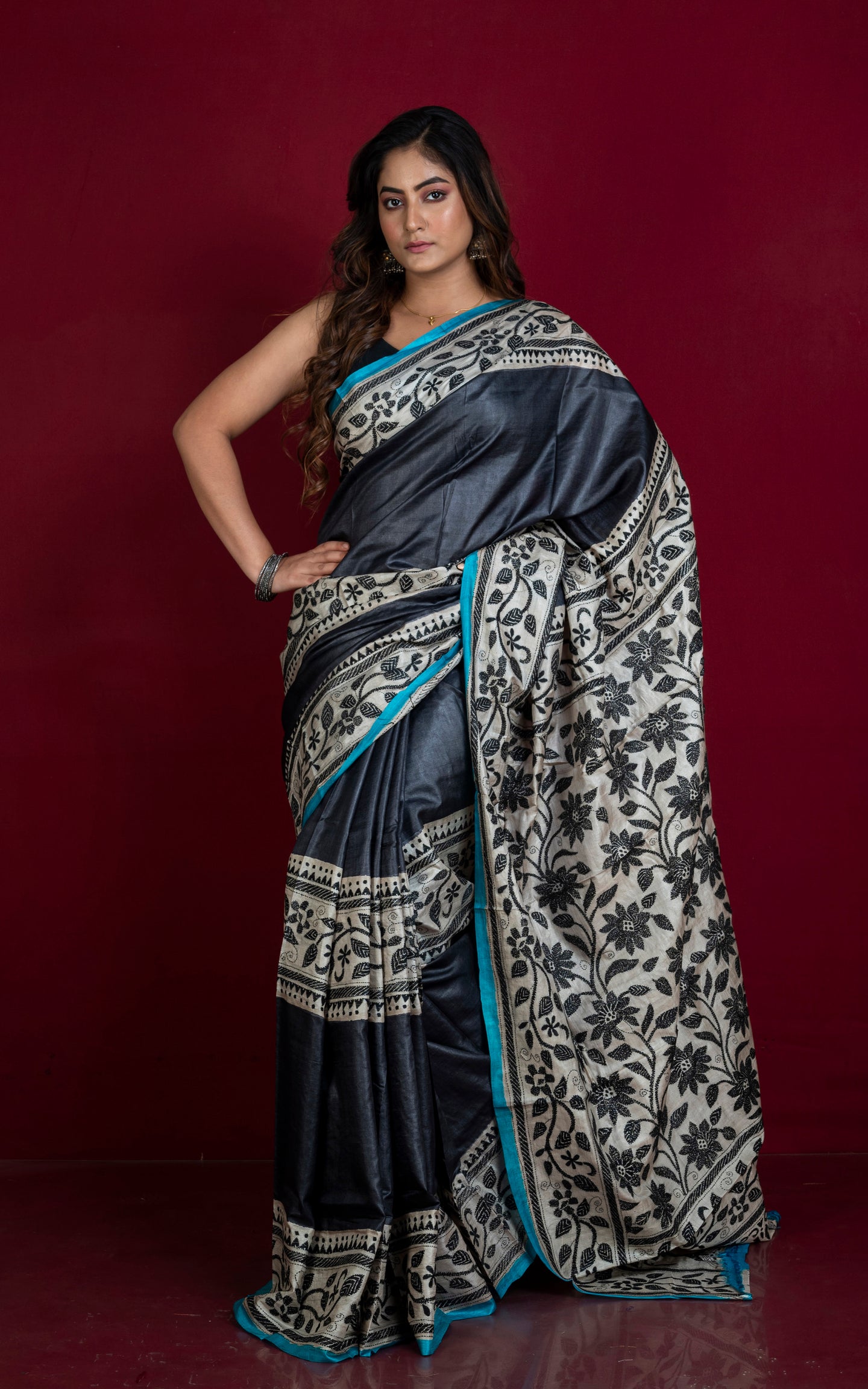 Premium Quality Hand Embroidery Kantha Work on Pure Gachi Tussar Saree in Black, Beige and Blue