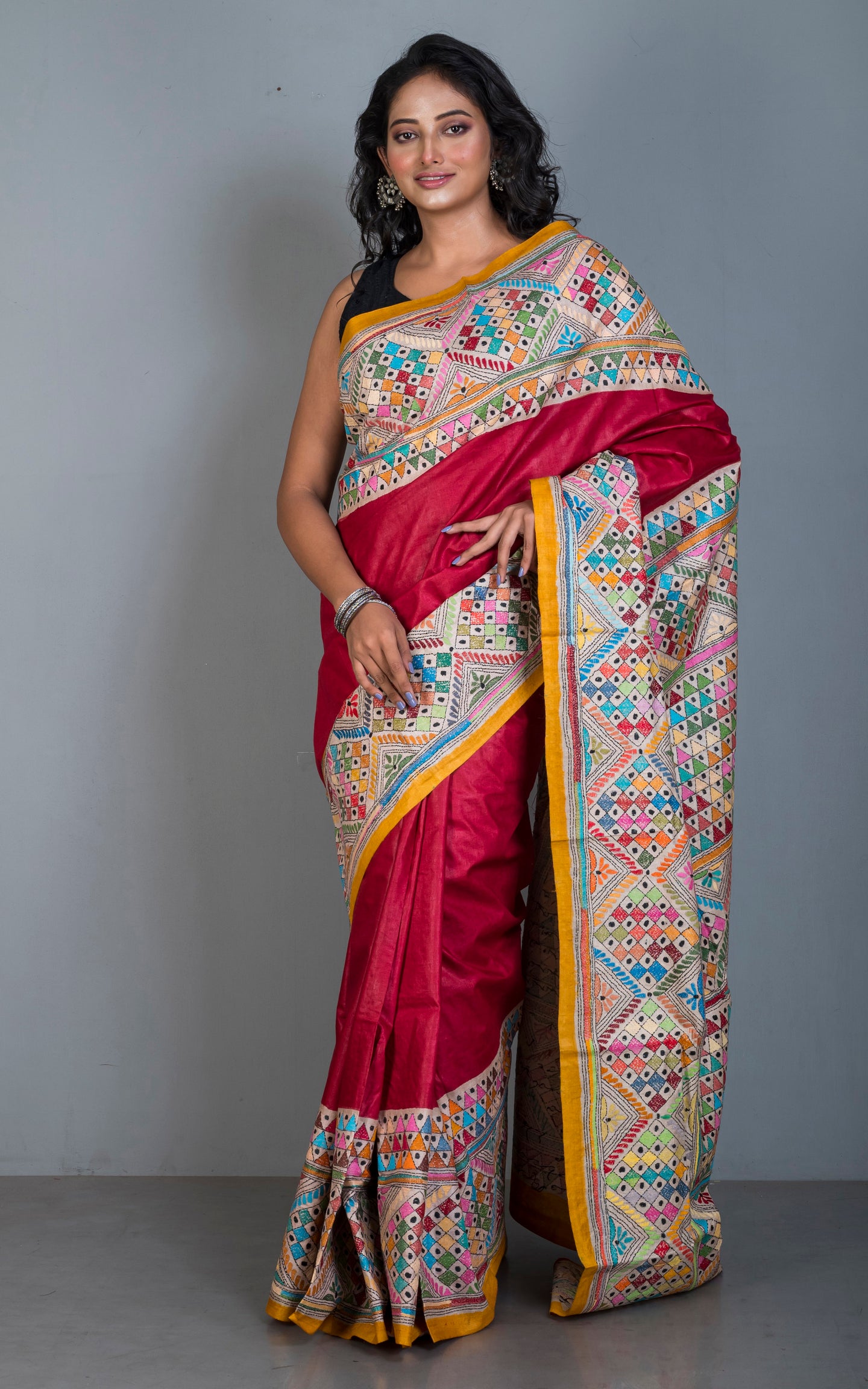 Tie-Dye Gachi Tussar Silk Hand Embroidery Kantha Stitch Saree in Bright Red, Amber Yellow and Multicolored Thread Work