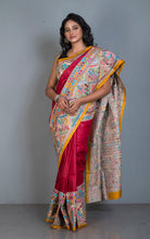 Tie-Dye Gachi Tussar Silk Hand Embroidery Kantha Stitch Saree in Bright Red, Amber Yellow and Multicolored Thread Work