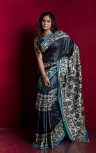 Premium Quality Hand Embroidery Kantha Work on Pure Gachi Tussar Saree in Black, Beige and Blue