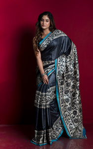 Premium Quality Hand Embroidery Kantha Work on Pure Gachi Tussar Saree in Black, Beige and Blue