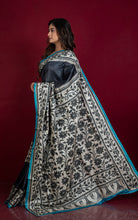 Premium Quality Hand Embroidery Kantha Work on Pure Gachi Tussar Saree in Black, Beige and Blue