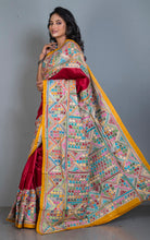 Tie-Dye Gachi Tussar Silk Hand Embroidery Kantha Stitch Saree in Bright Red, Amber Yellow and Multicolored Thread Work