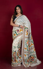 Hand Embroidery Tussar Silk Kantha Work Saree in Off White and Multicolored Thread Work