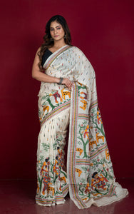 Hand Embroidery Tussar Silk Kantha Work Saree in Off White and Multicolored Thread Work