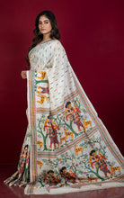 Hand Embroidery Tussar Silk Kantha Work Saree in Off White and Multicolored Thread Work