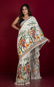 Hand Embroidery Tussar Silk Kantha Work Saree in Off White and Multicolored Thread Work