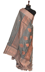Tussar Cotton Silk Banarasi Katan Saree in Metallic Grey and Copper