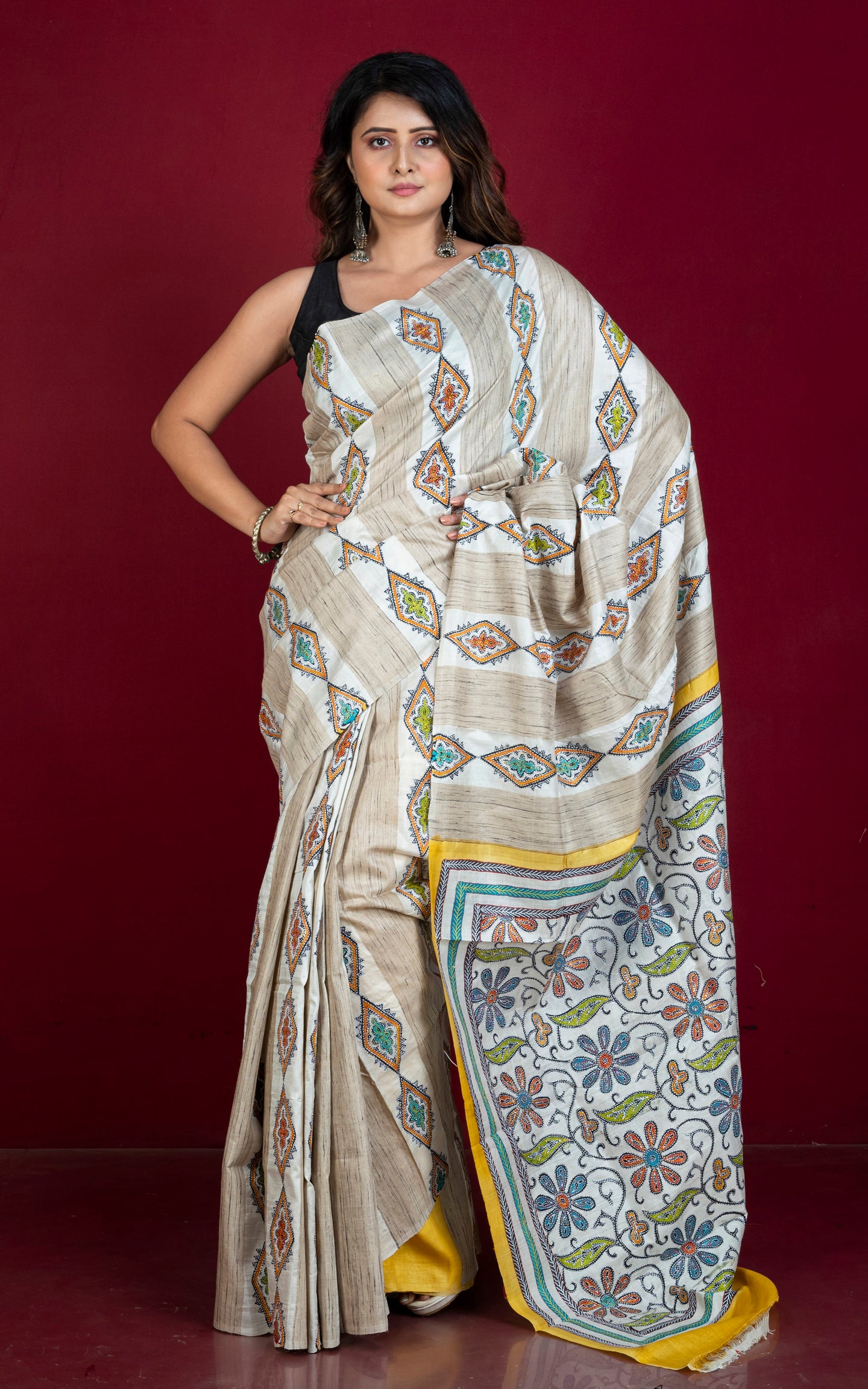 Hand Painted Acid Wash and Hand Embroidery Tussar Silk Kantha Work Saree in Beige, Off White, Yellow and Multicolored