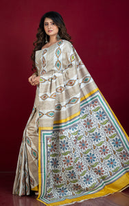 Hand Painted Acid Wash and Hand Embroidery Tussar Silk Kantha Work Saree in Beige, Off White, Yellow and Multicolored