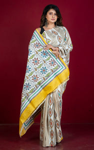 Hand Painted Acid Wash and Hand Embroidery Tussar Silk Kantha Work Saree in Beige, Off White, Yellow and Multicolored