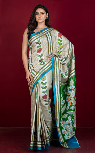 Hand Painted Acid Wash and Hand Embroidery Tussar Silk Kantha Work Saree in Beige, Off White, Green and Multicolored