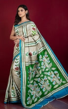 Hand Painted Acid Wash and Hand Embroidery Tussar Silk Kantha Work Saree in Beige, Off White, Green and Multicolored