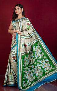 Hand Painted Acid Wash and Hand Embroidery Tussar Silk Kantha Work Saree in Beige, Off White, Green and Multicolored