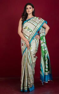 Hand Painted Acid Wash and Hand Embroidery Tussar Silk Kantha Work Saree in Beige, Off White, Green and Multicolored