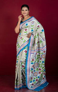 Hand Painted Acid Wash and Hand Embroidery Tussar Silk Kantha Work Saree in Beige, Off White, Blue and Multicolored