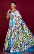 Hand Painted Acid Wash and Hand Embroidery Tussar Silk Kantha Work Saree in Beige, Off White, Blue and Multicolored