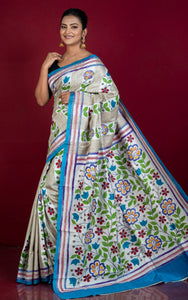 Hand Painted Acid Wash and Hand Embroidery Tussar Silk Kantha Work Saree in Beige, Off White, Blue and Multicolored